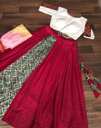 Premium Frolic Cotton White&Red Lehenga Choli Set with Embroidered Georgette Blouse & Bandhej Chinnon Dupatta | Full-Stitched | Size 38-44