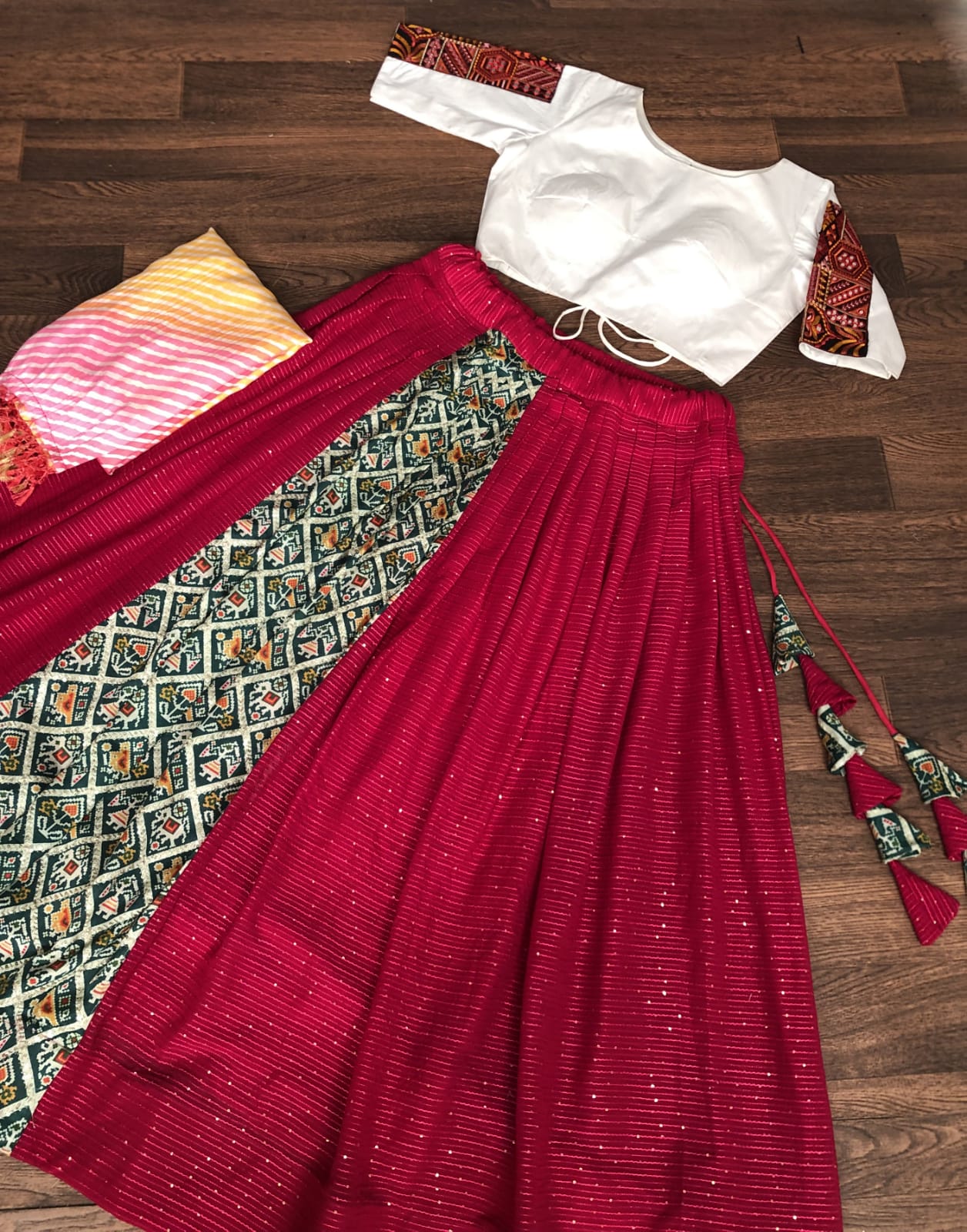 Premium Frolic Cotton White&Red Lehenga Choli Set with Embroidered Georgette Blouse & Bandhej Chinnon Dupatta | Full-Stitched | Size 38-44