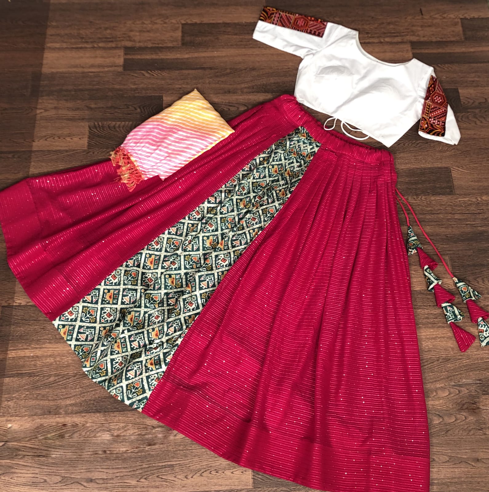 Premium Frolic Cotton White&Red Lehenga Choli Set with Embroidered Georgette Blouse & Bandhej Chinnon Dupatta | Full-Stitched | Size 38-44