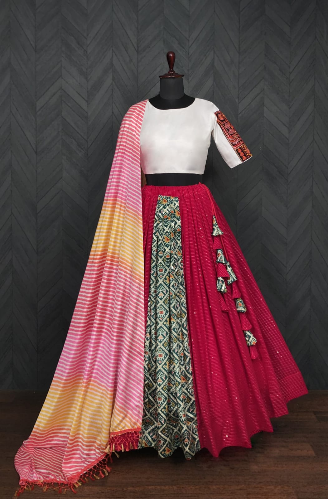 Premium Frolic Cotton White&Red Lehenga Choli Set with Embroidered Georgette Blouse & Bandhej Chinnon Dupatta | Full-Stitched | Size 38-44