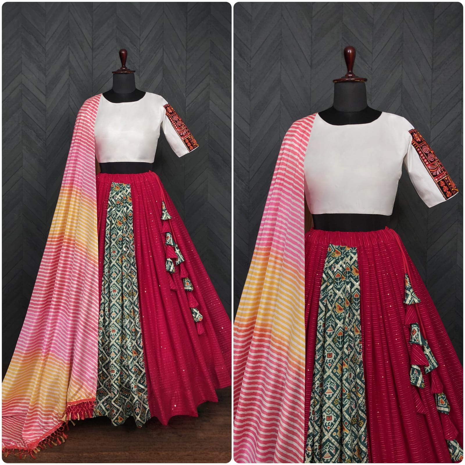 Premium Frolic Cotton White&Red Lehenga Choli Set with Embroidered Georgette Blouse & Bandhej Chinnon Dupatta | Full-Stitched | Size 38-44