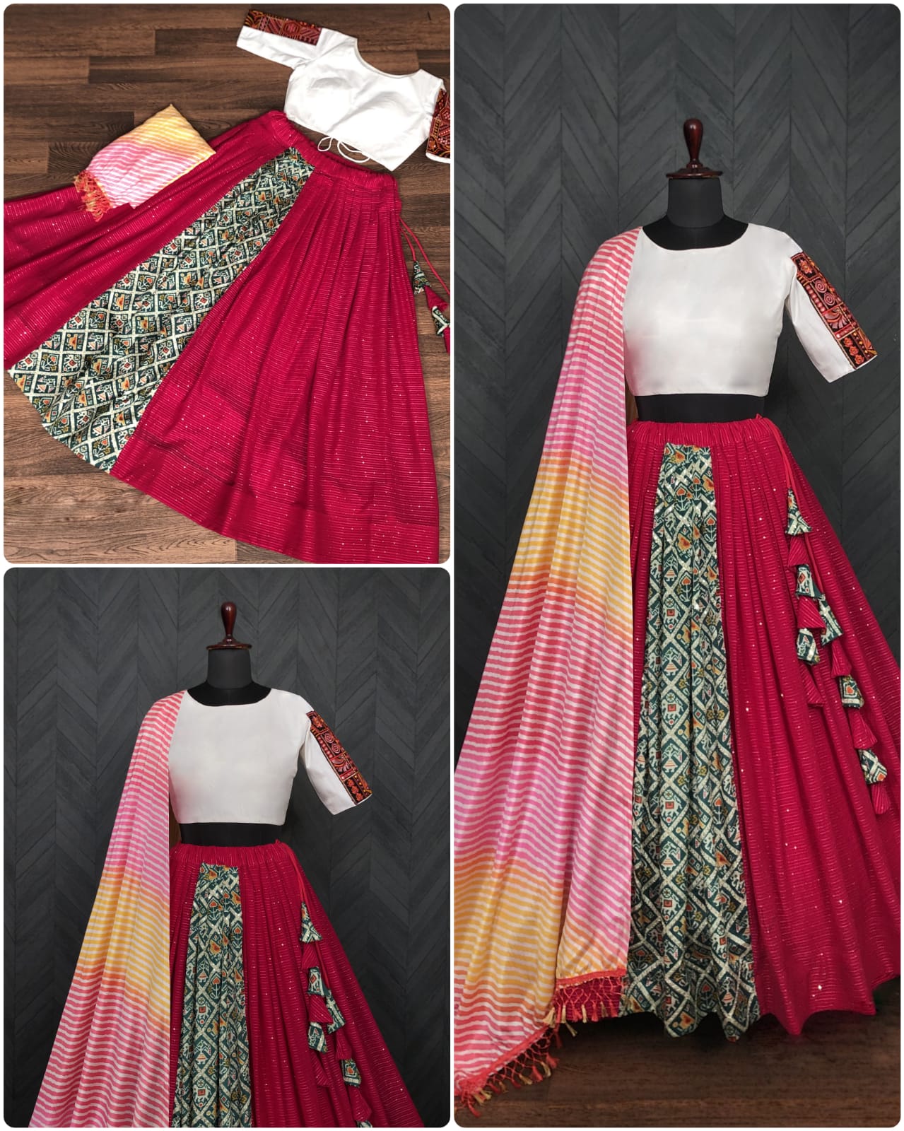 Premium Frolic Cotton White&Red Lehenga Choli Set with Embroidered Georgette Blouse & Bandhej Chinnon Dupatta | Full-Stitched | Size 38-44