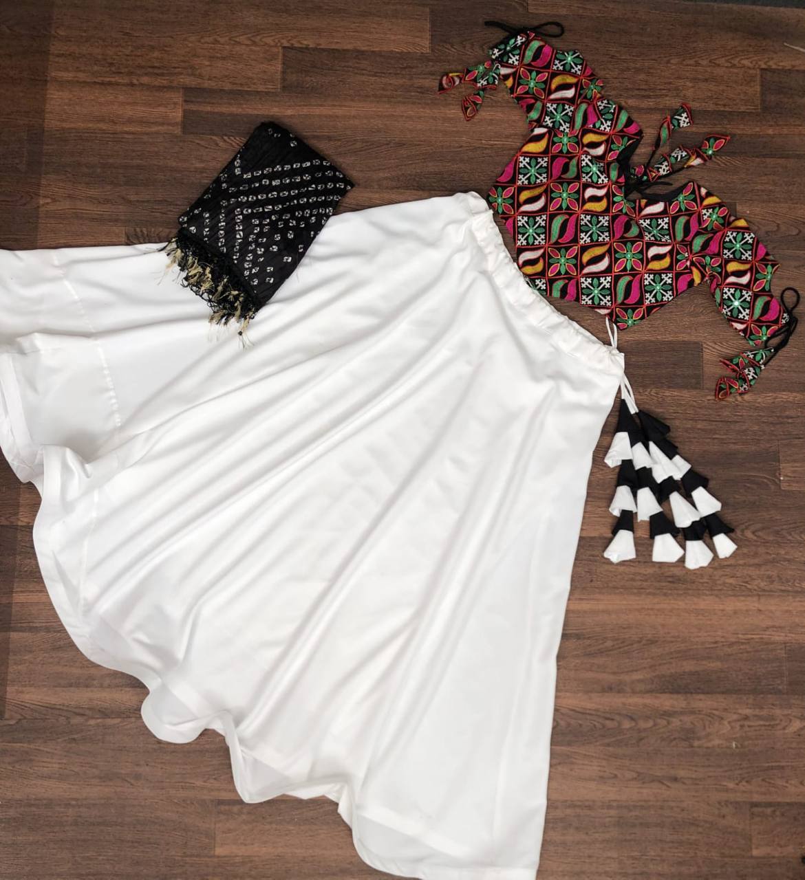 Premium Frolic Cotton White&Black Lehenga Choli Set with Embroidered Georgette Blouse & Bandhej Chinnon Dupatta | Full-Stitched | Size 38-44