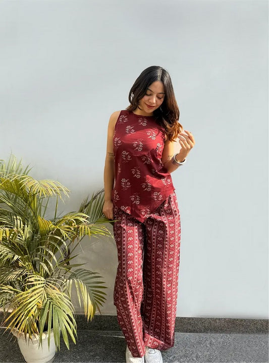 Women's Maroon Printed Rayon Co-Ord Set With Relaxed Fit Pant For Casual Indo-Western Wear