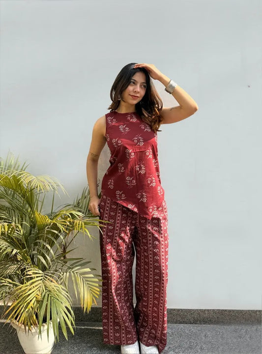 Women's Maroon Printed Rayon Co-Ord Set With Relaxed Fit Pant For Casual Indo-Western Wear