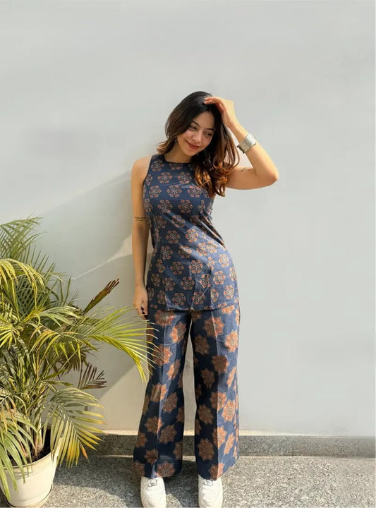 Women's Navy Blue Ajarakh Printed Rayon Co-Ord Set With Wide Leg Pants for Casual Indo-Western Wear