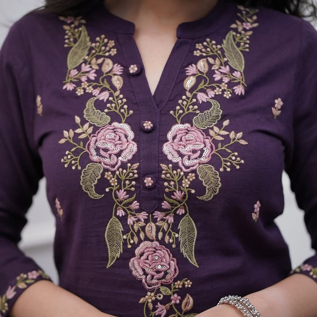 Women’s Purple Designer Rayon Slub Kurta Set Adorned with Sequin Embroidery