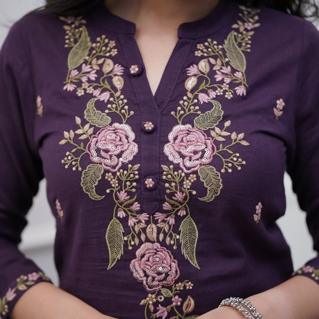 Women’s Purple Designer Rayon Slub Kurta Set Adorned with Sequin Embroidery