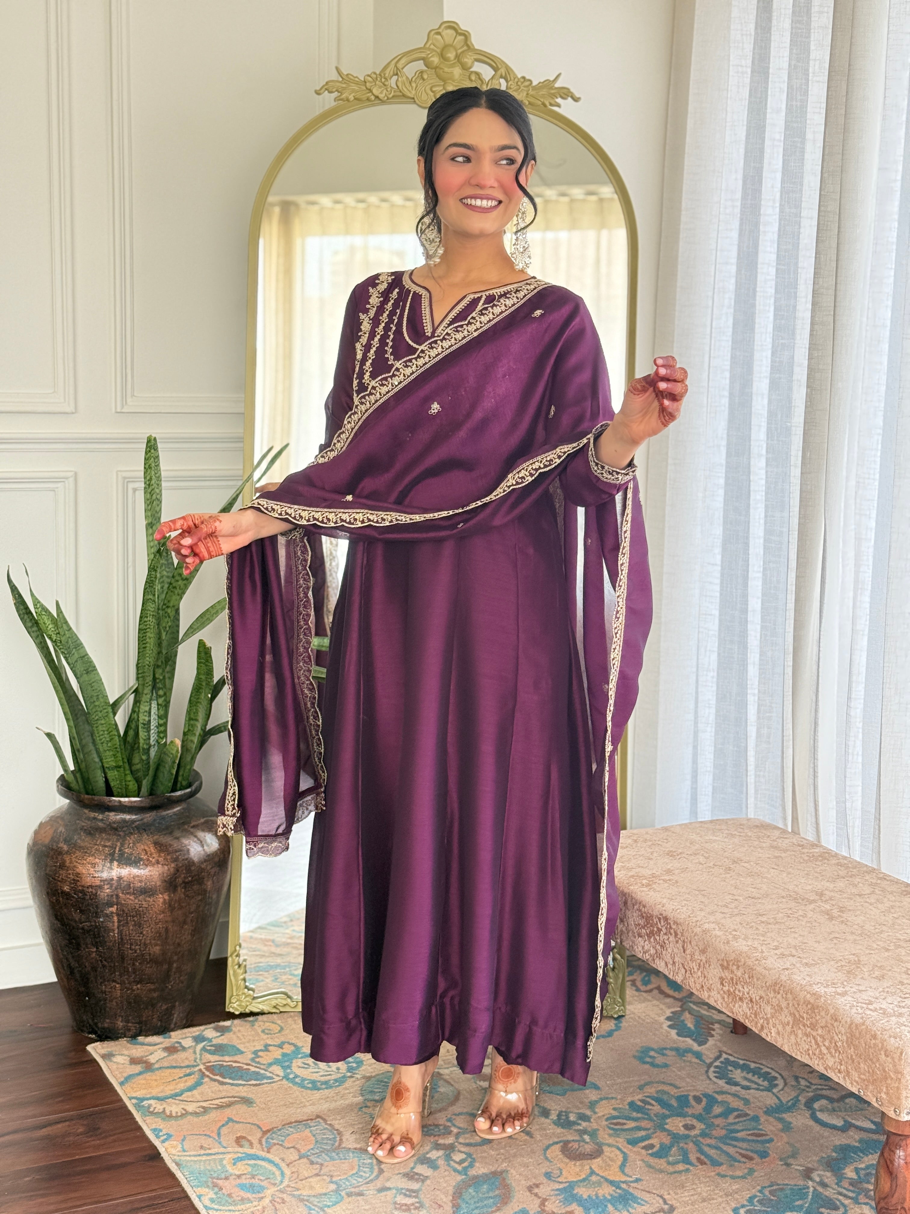 Women’s Purple Wine Vichitra Silk Kurta Set with Sequin & Coding Embroidery Work