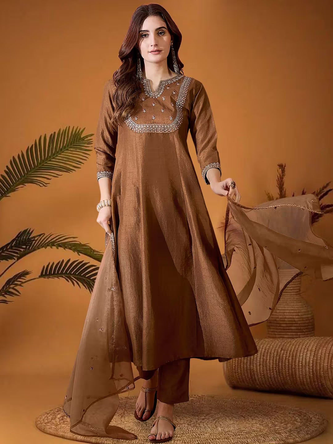 Women’s Brown Pure Vichitra Silk Kurta Set with Sequin Embroidery Work