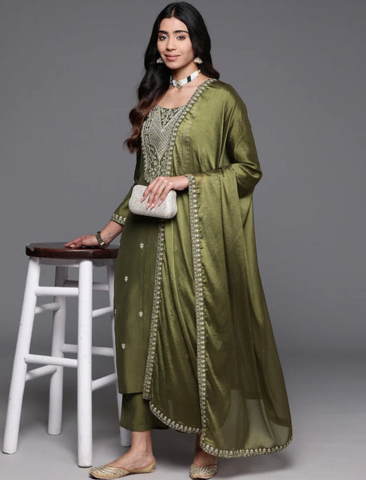 Women Olive Green Viscose Embroidered Kurta Pant Set With Elegant Dupatta