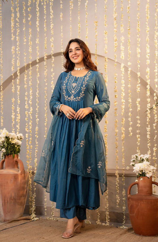 Women's Blue Chanderi Silk Embroidered Flared Kurta Pant Set With Dupatta