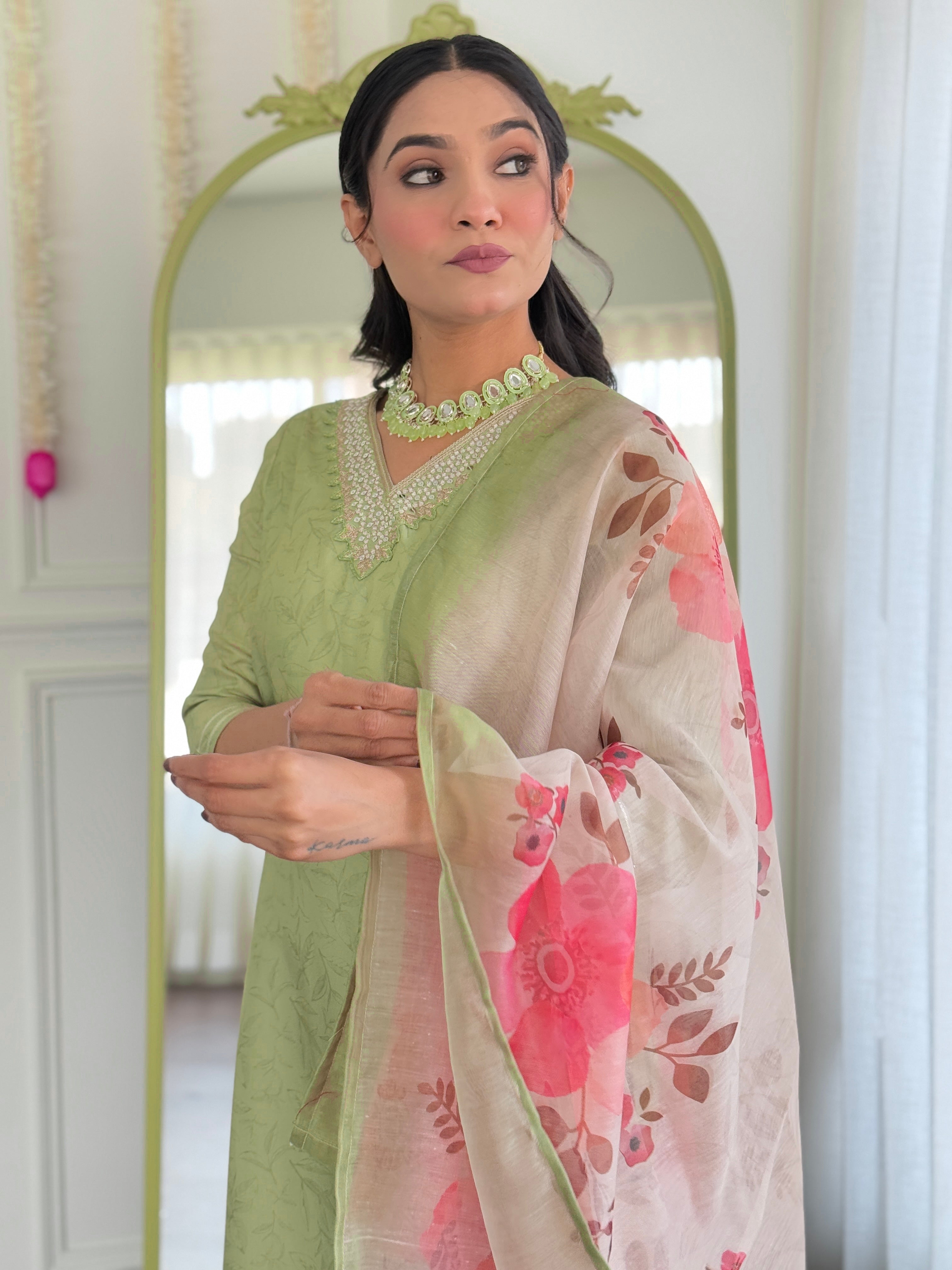 Pista Green Embroidered Rayon Kurti Set with Chanderi Dupatta – Sizes S to 2XL