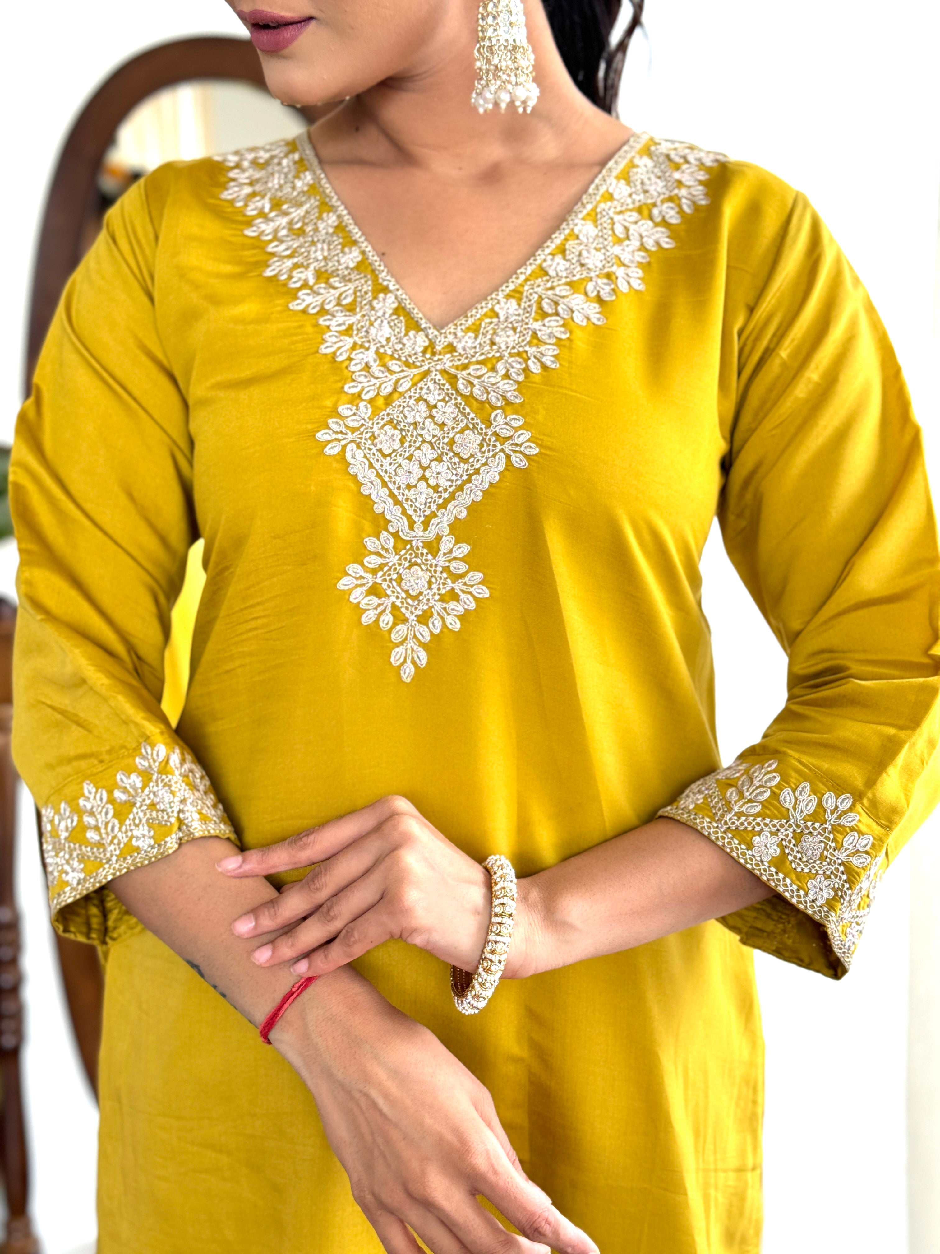 Women’s Yellow Pure Viscose Chanderi Silk Kurta Set with Sequin & Coding Embroidery