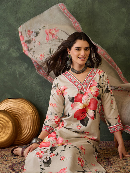 Cream Floral Printed Kurta Set with Dupatta