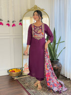 Women’s Purple Pure Viscose Chanderi Kurta Set with Sequin & Coding Embroidery