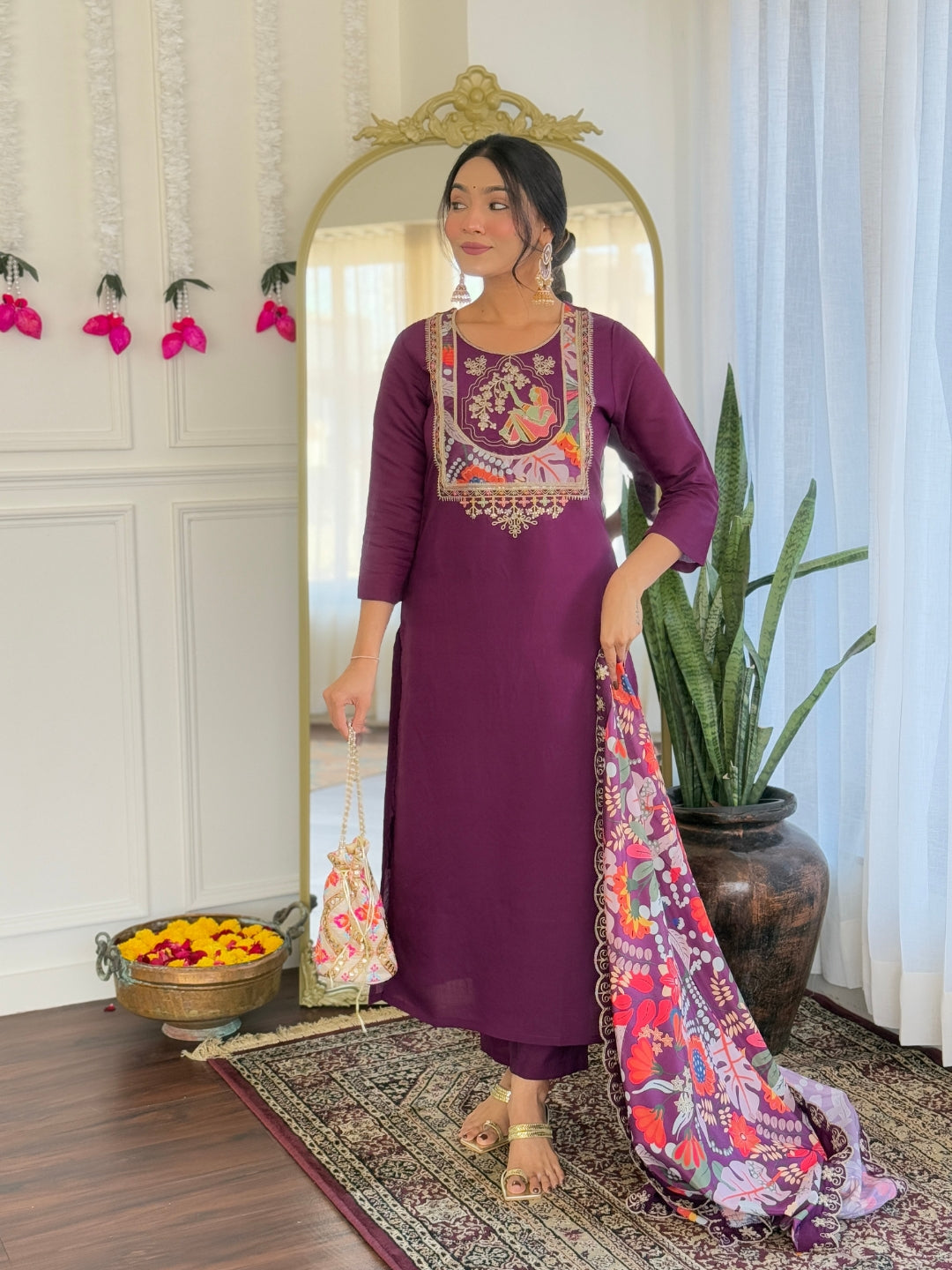 Women’s Purple Pure Viscose Chanderi Kurta Set with Sequin & Coding Embroidery