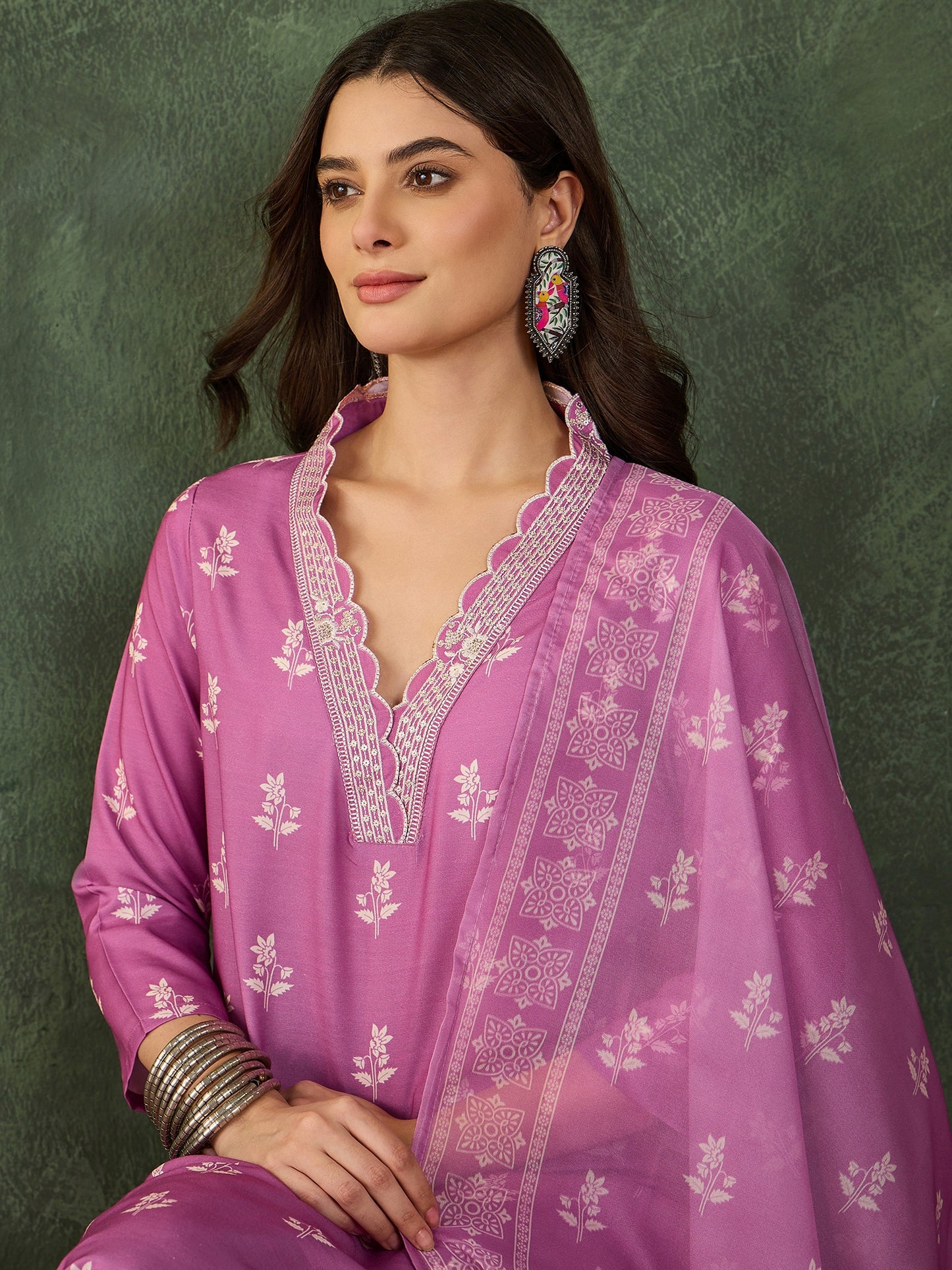 Mauve Printed Kurta Set with Dupatta