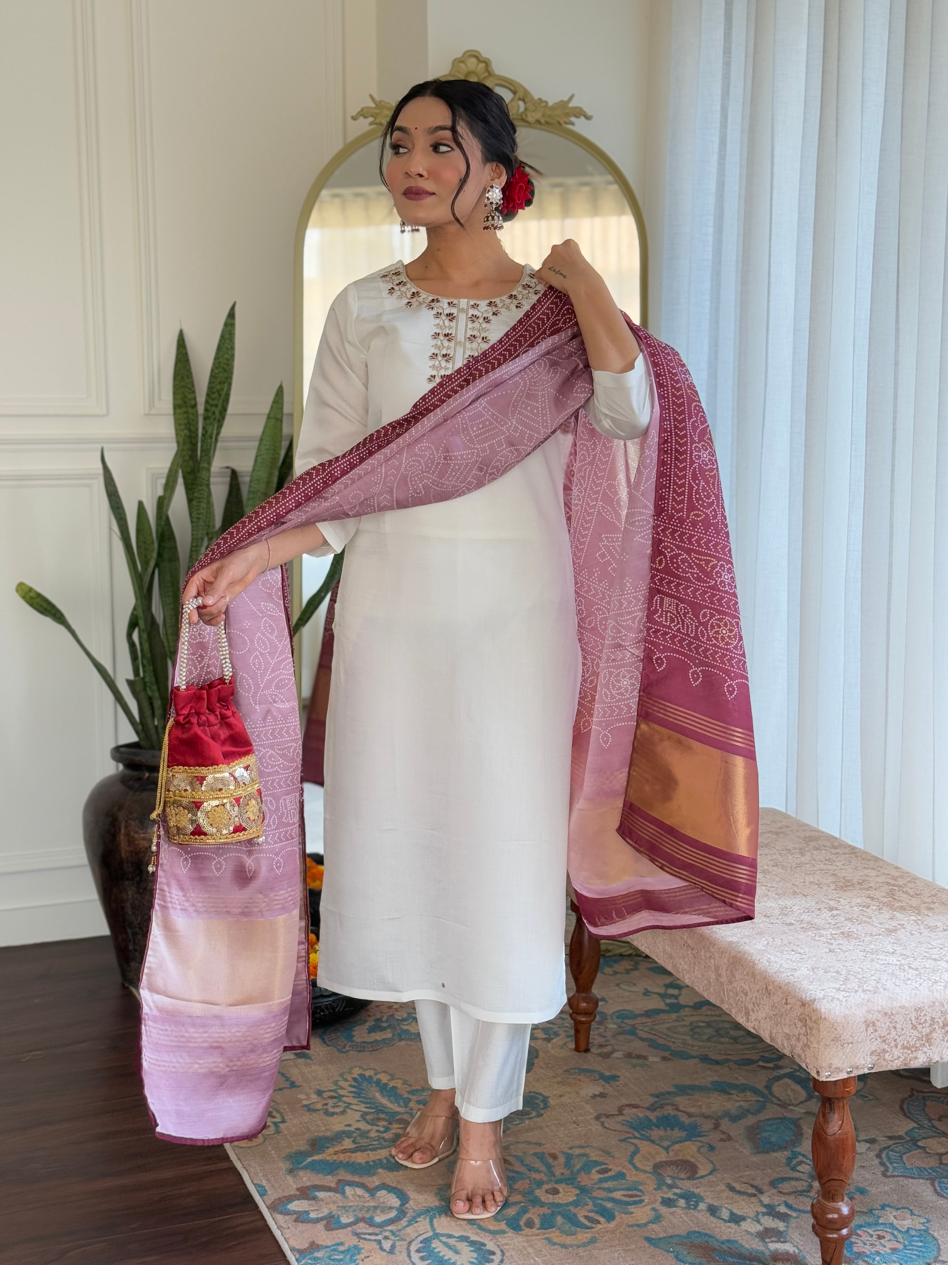 Women’s White Viscose Chanderi Kurta Set with Sequin & Coding Embroidery Work