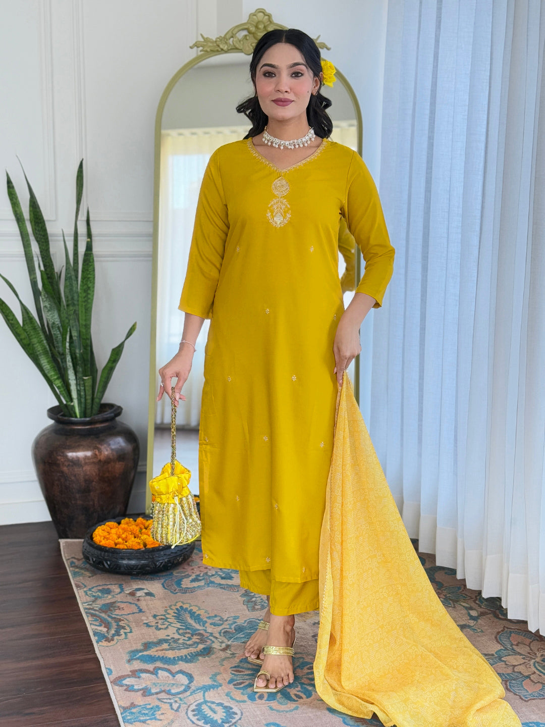 Elegant Yellow Embroidered Rayon Kurti Set with Dupatta – Sizes S to 2XL