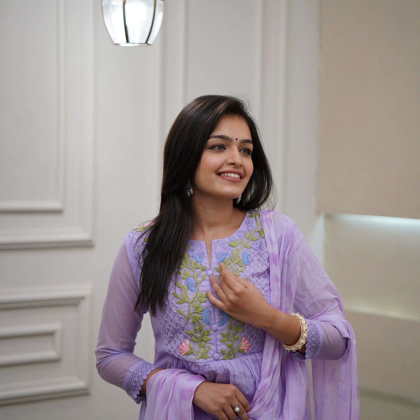 Women’s Lavender Festive Pure Georgette Suit with Detailed Embroidery Work