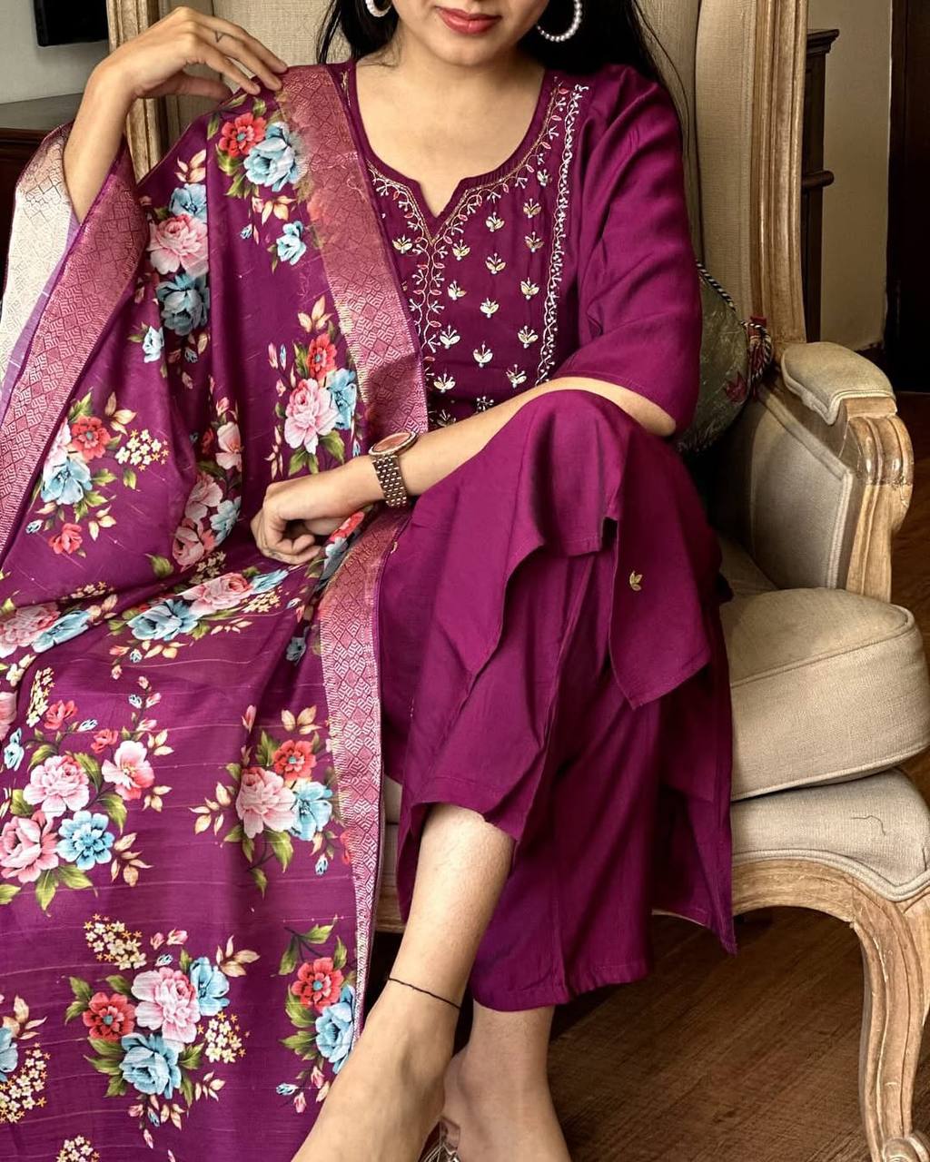 Women’s Purple Rayon Kurta Set with Elegant Lagdi Jacquard Dupatta