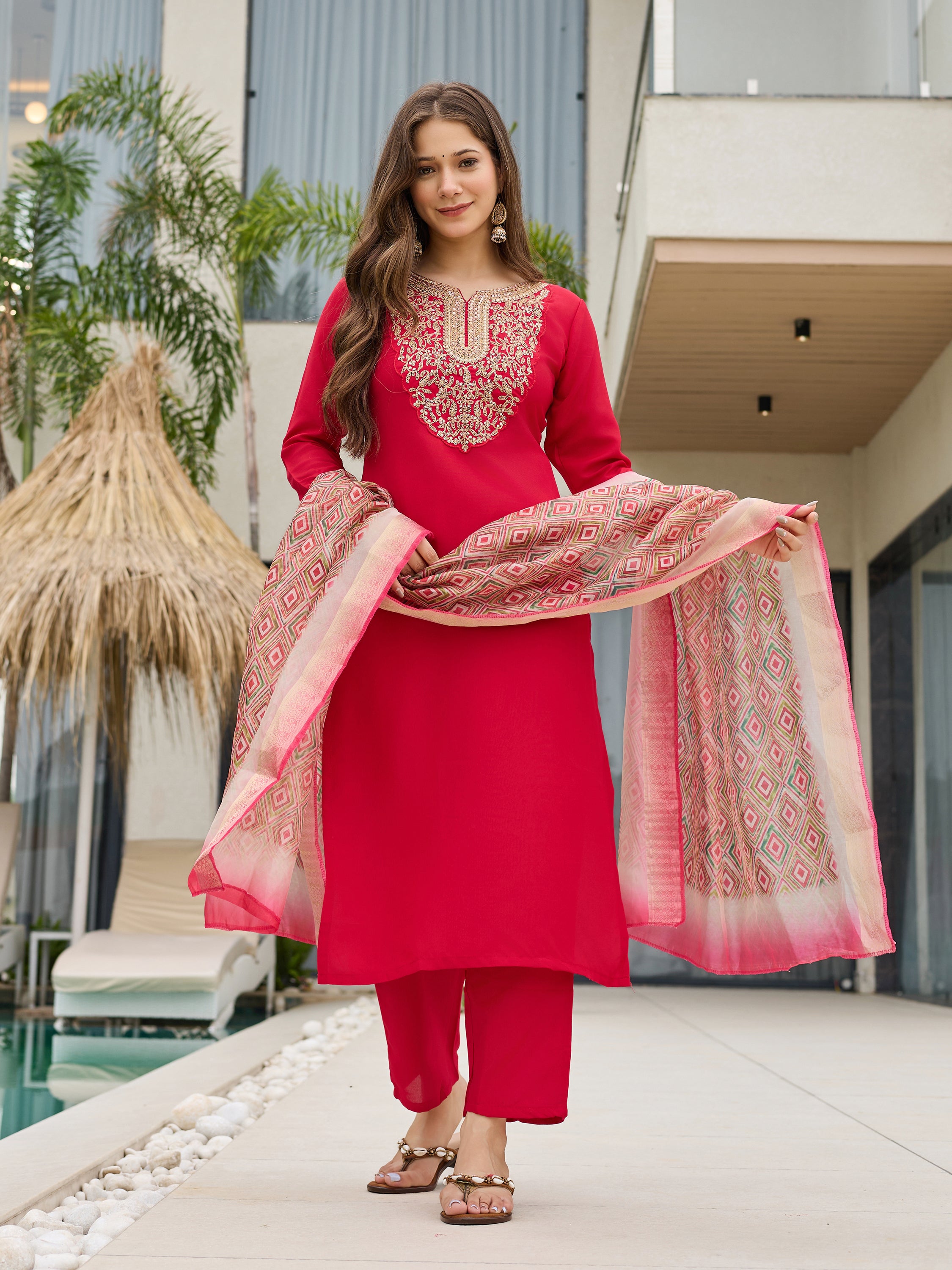 Stylish Red Embroidered Rayon Slub Kurti Set with Organza Dupatta – Sizes S to 2XL