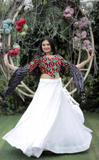 Premium Frolic Cotton White&Black Lehenga Choli Set with Embroidered Georgette Blouse & Bandhej Chinnon Dupatta | Full-Stitched | Size 38-44