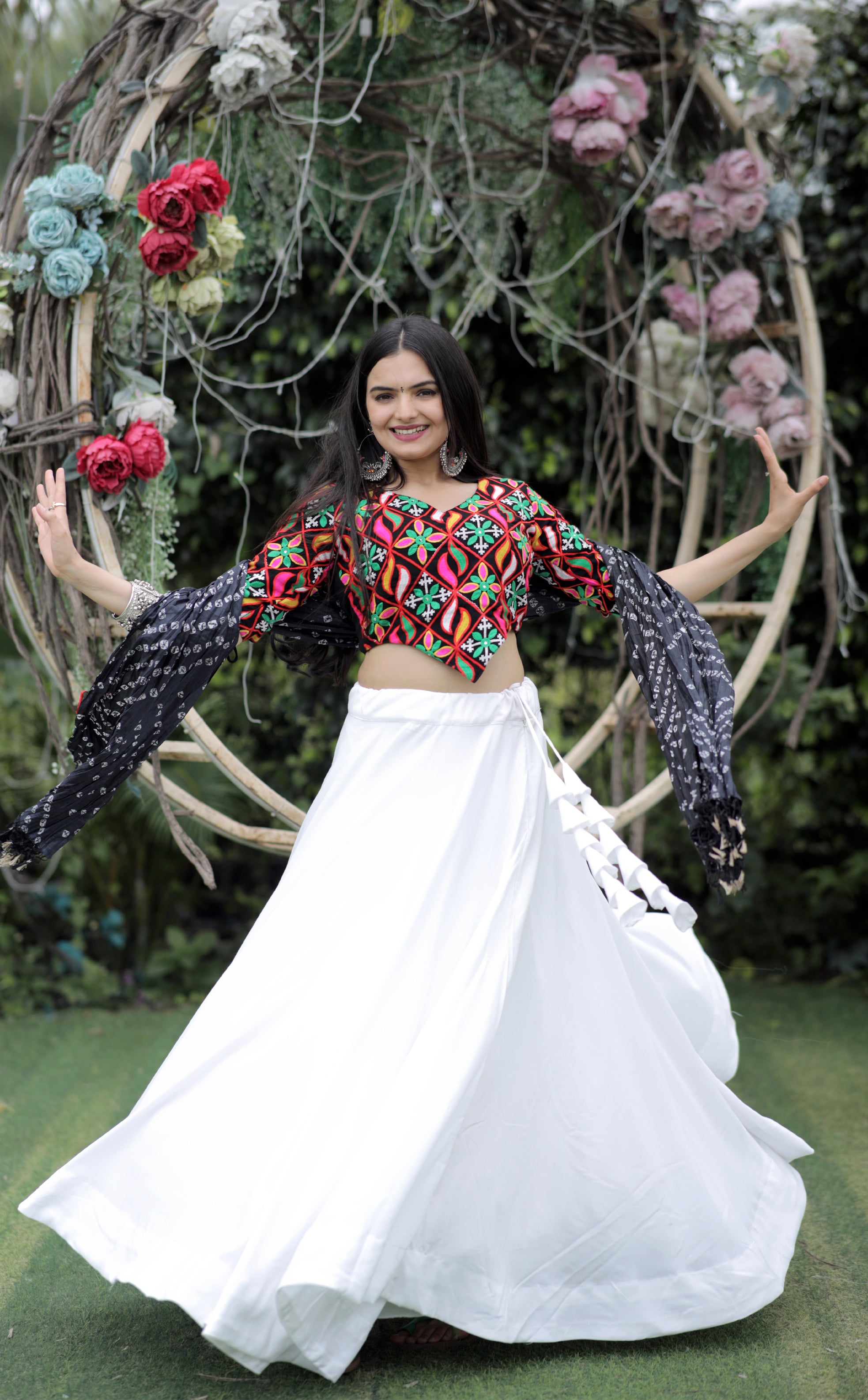 Premium Frolic Cotton White&Black Lehenga Choli Set with Embroidered Georgette Blouse & Bandhej Chinnon Dupatta | Full-Stitched | Size 38-44