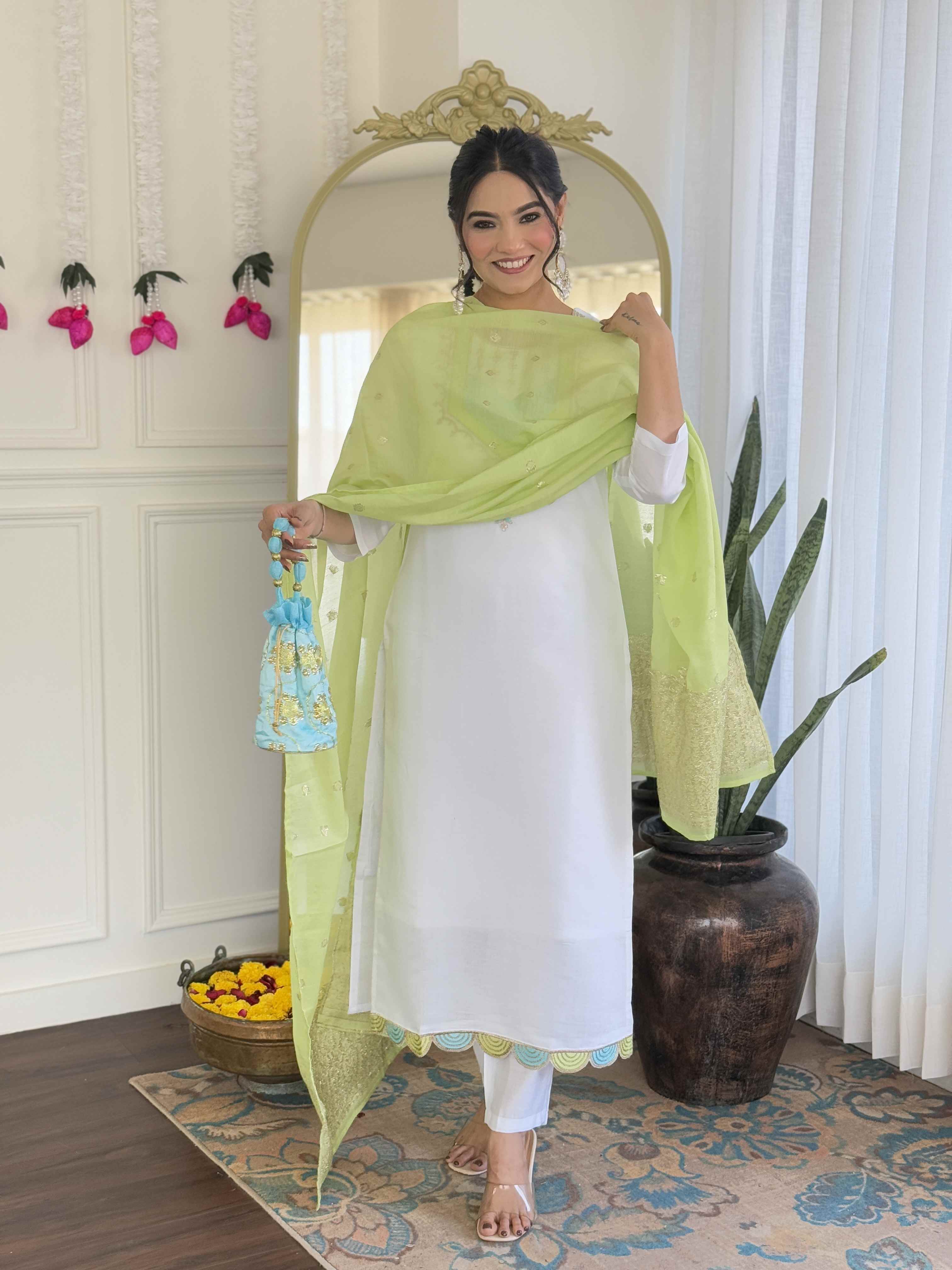 Women’s White Pure Viscose Chanderi Kurta Set with Sequin & Coding Embroidery