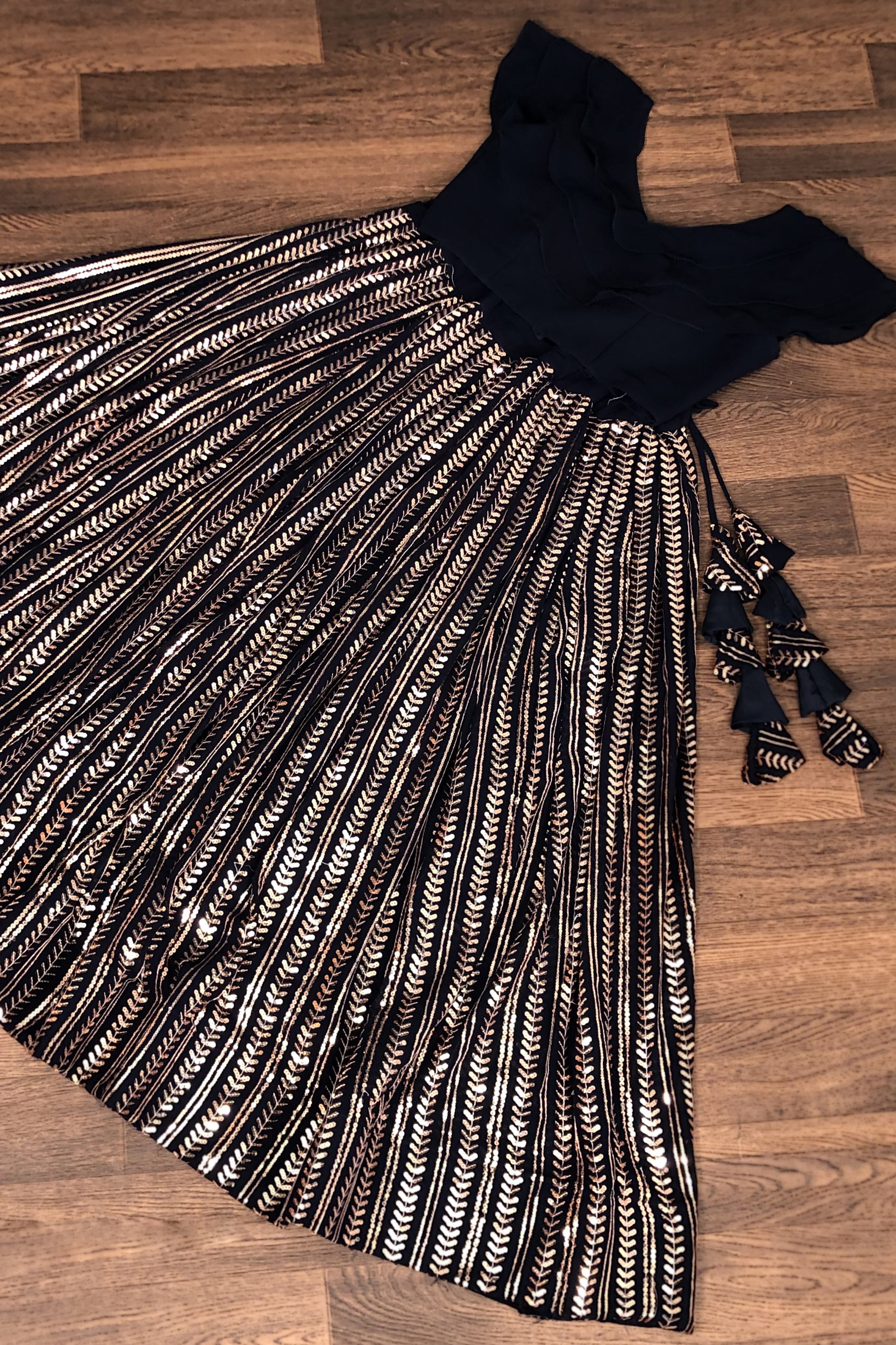 Designer Faux Blooming Black Lehenga Choli with Sequins Work – Full Stitched | Frill Blouse | Size 40-44