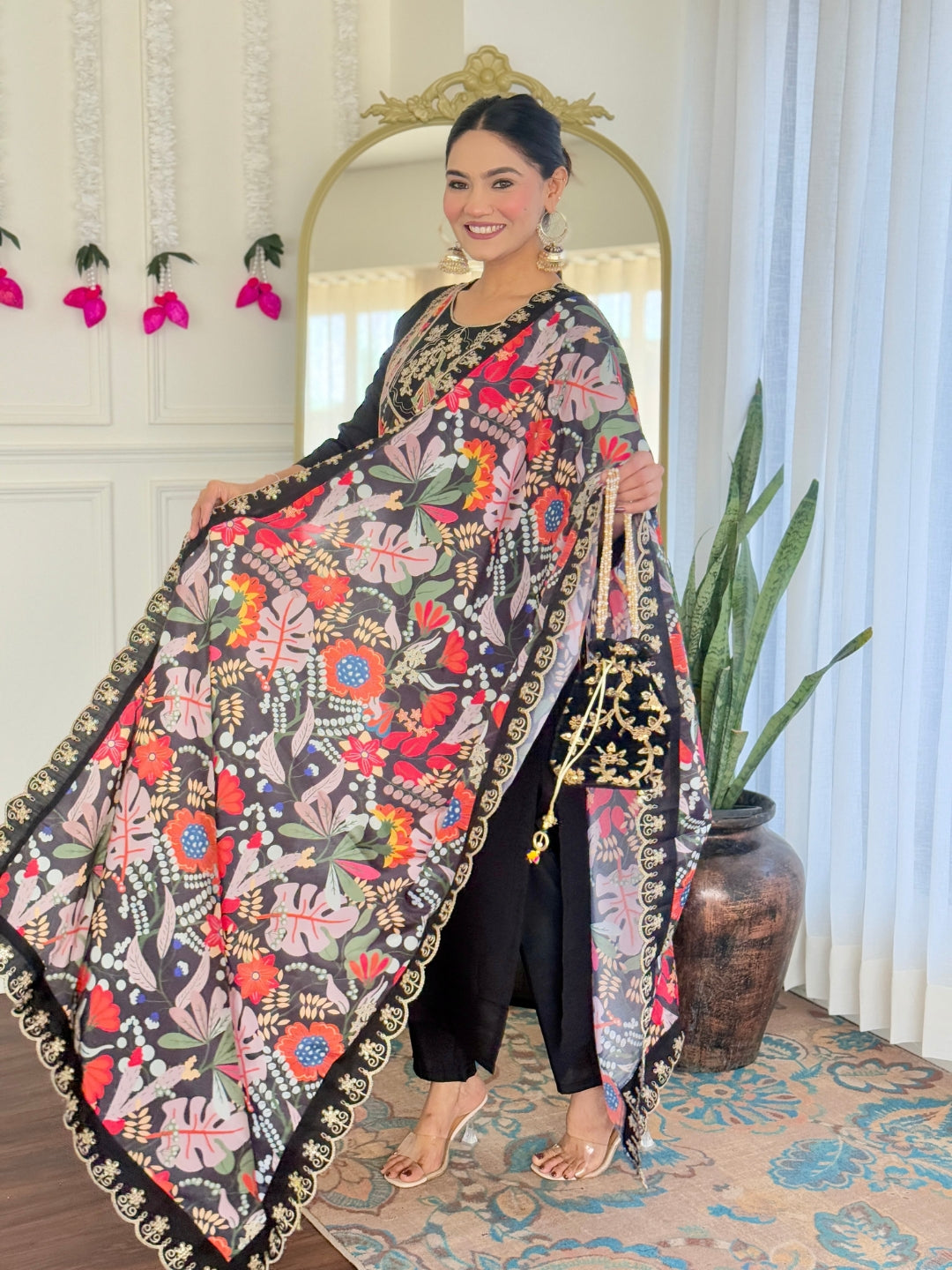 Women’s Black Pure Viscose Chanderi Kurta Set with Sequin & Coding Embroidery