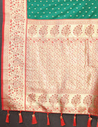 Green Soft Silk Saree with All-Over Zari Motifs, Contrast Rich Pallu & Brocade Blouse