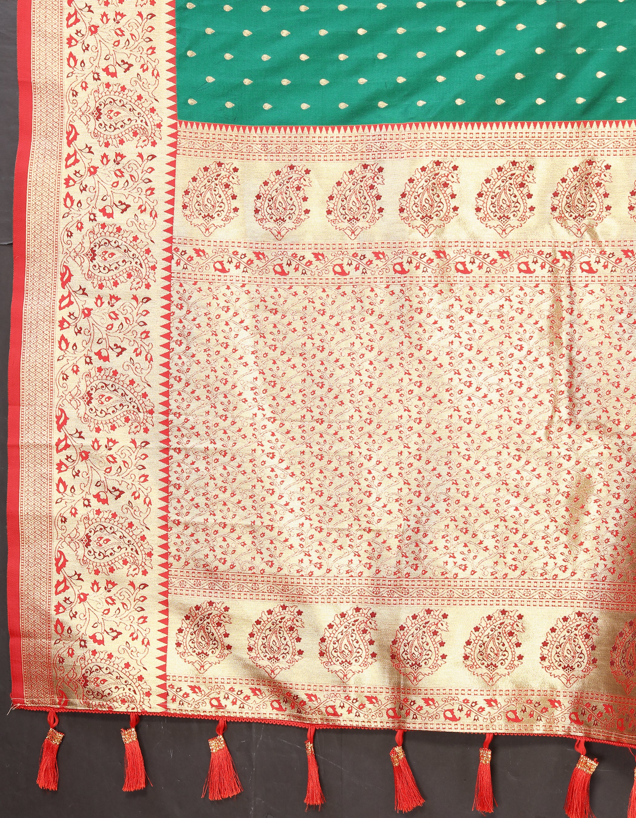 Green Soft Silk Saree with All-Over Zari Motifs, Contrast Rich Pallu & Brocade Blouse