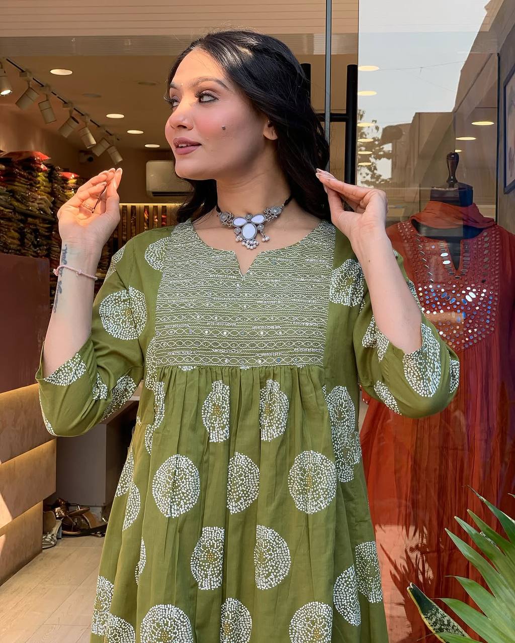 Women’s Green Ethnic Rayon Kurta Set with Embroidery & Printed Cotton Dupatta
