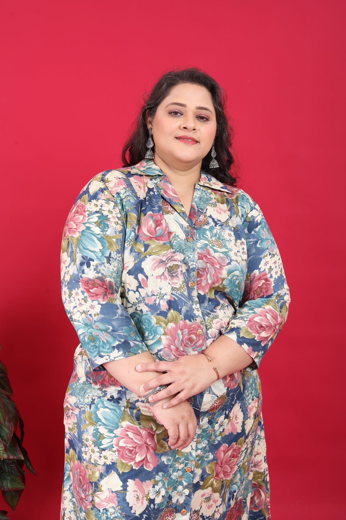 Women's Plus Size Rayon Blue Floral Printed Co-Ord Set With Pant