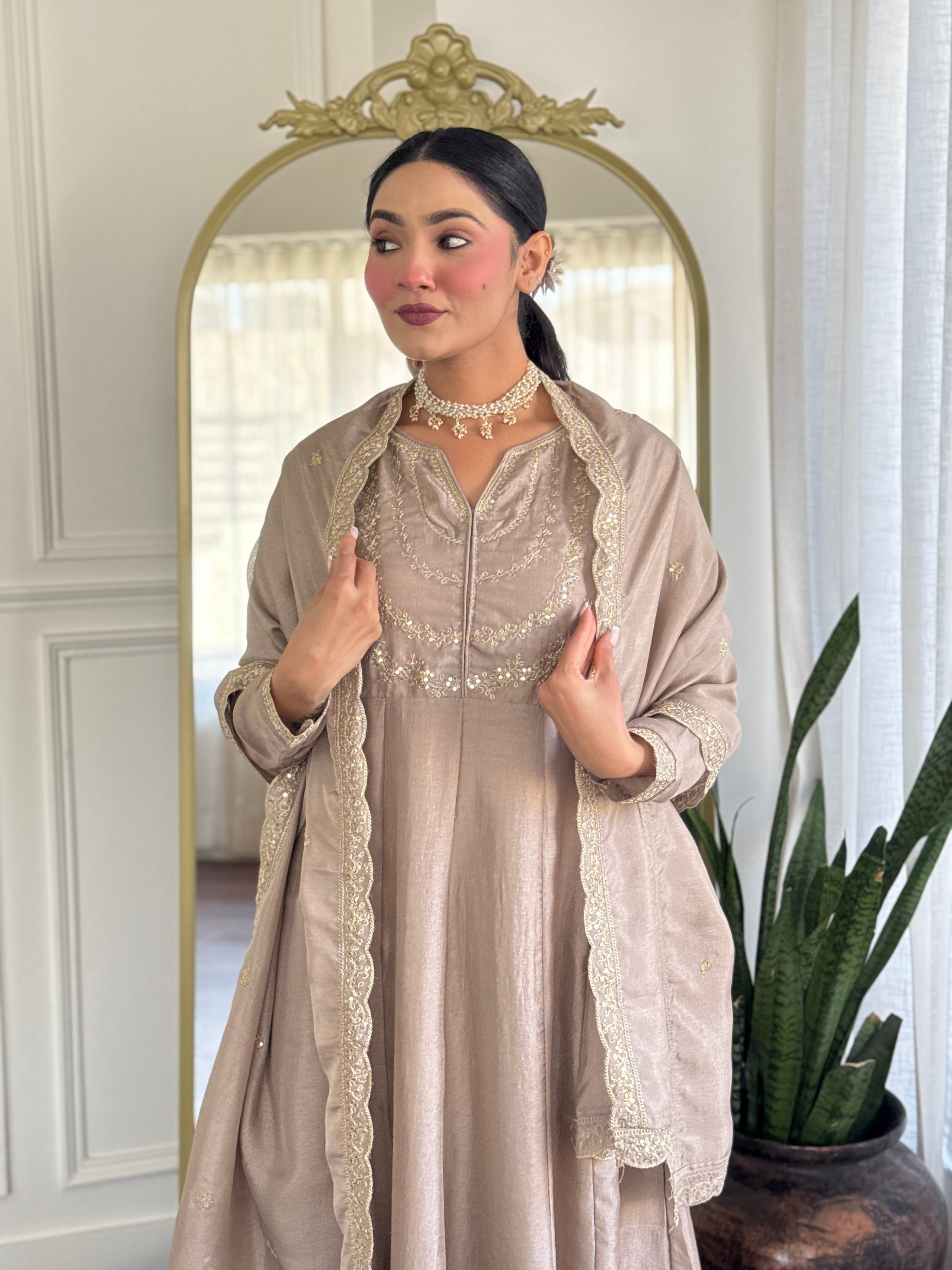 Women’s Cream Vichitra Silk Kurta Set with Sequin & Coding Embroidery Work
