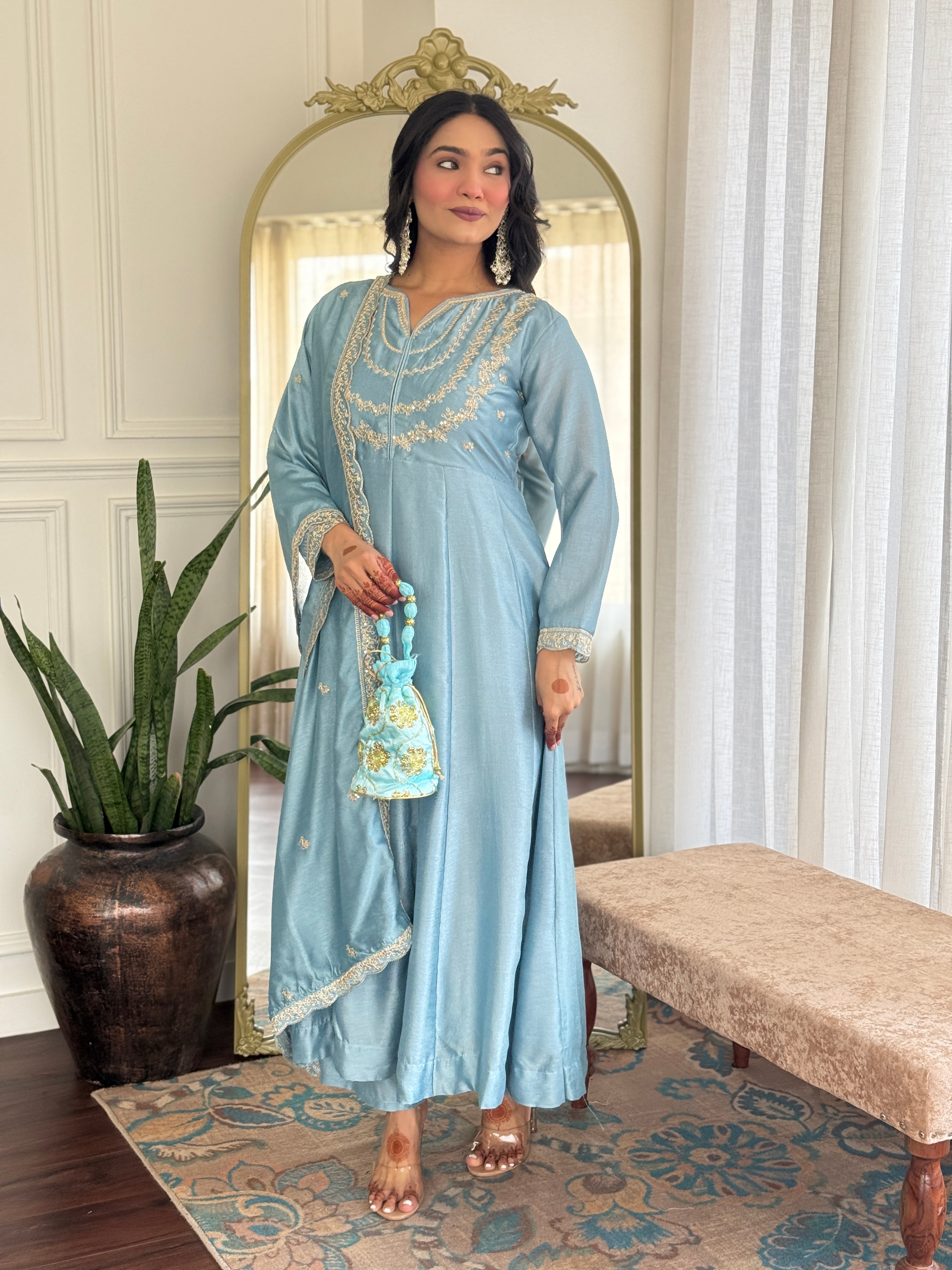 Women’s Sky Blue Vichitra Silk Kurta Set with Sequin & Coding Embroidery Work