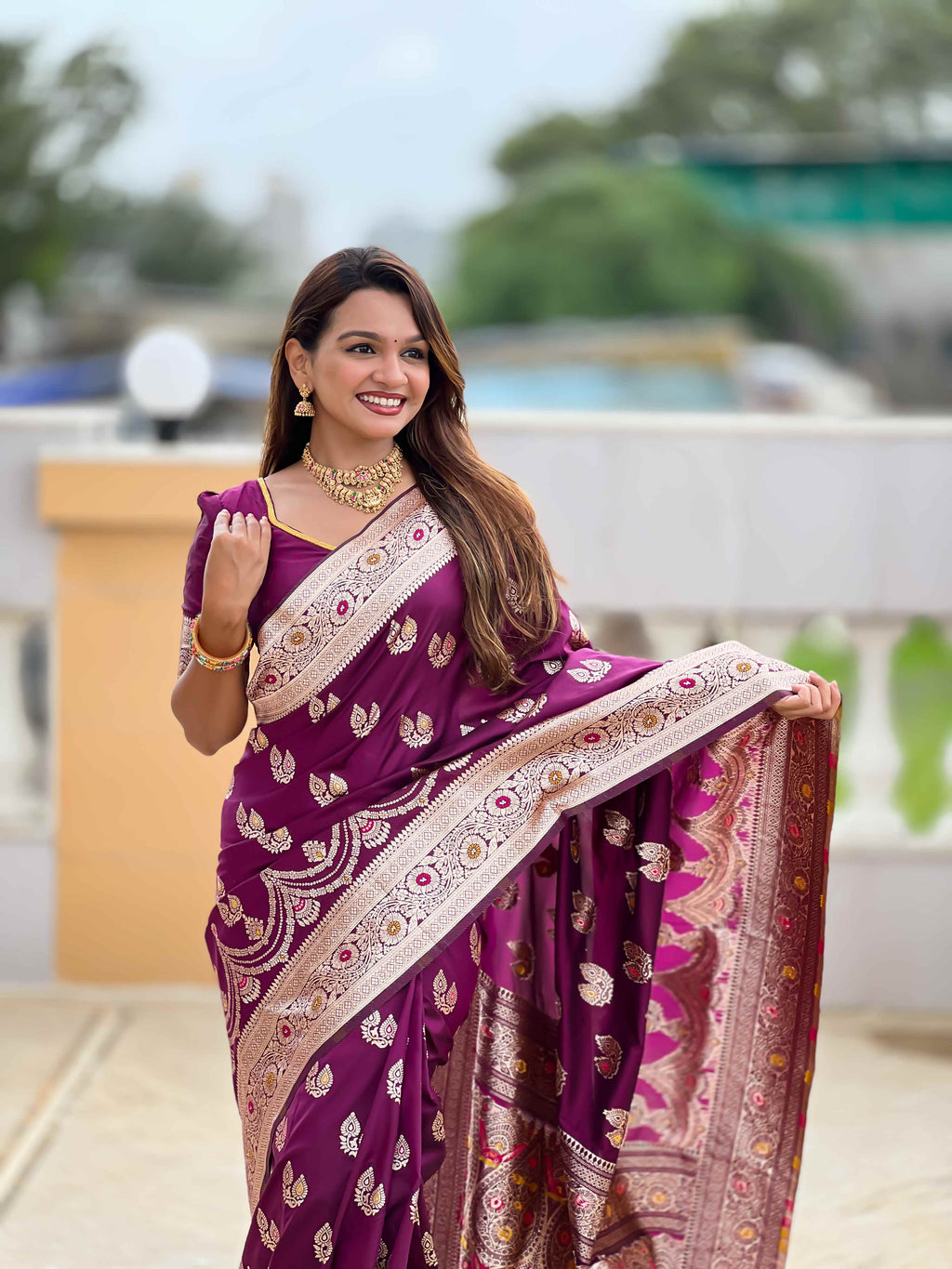 Wine Soft Banarasi Silk Saree with Meenakari Zari Work & Rich Pallu Design