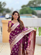 Wine Soft Banarasi Silk Saree with Meenakari Zari Work & Rich Pallu Design