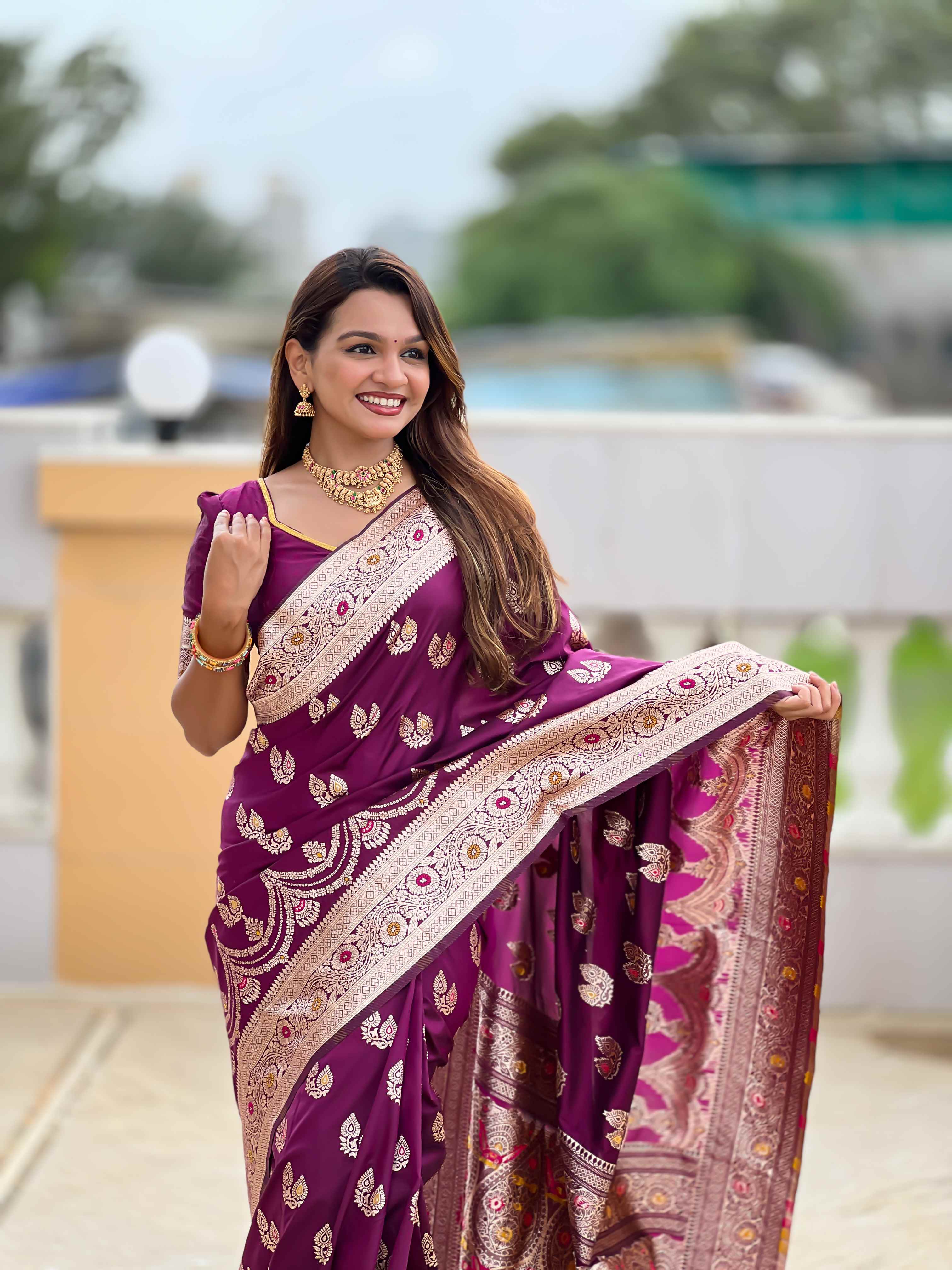 Wine Soft Banarasi Silk Saree with Meenakari Zari Work & Rich Pallu Design