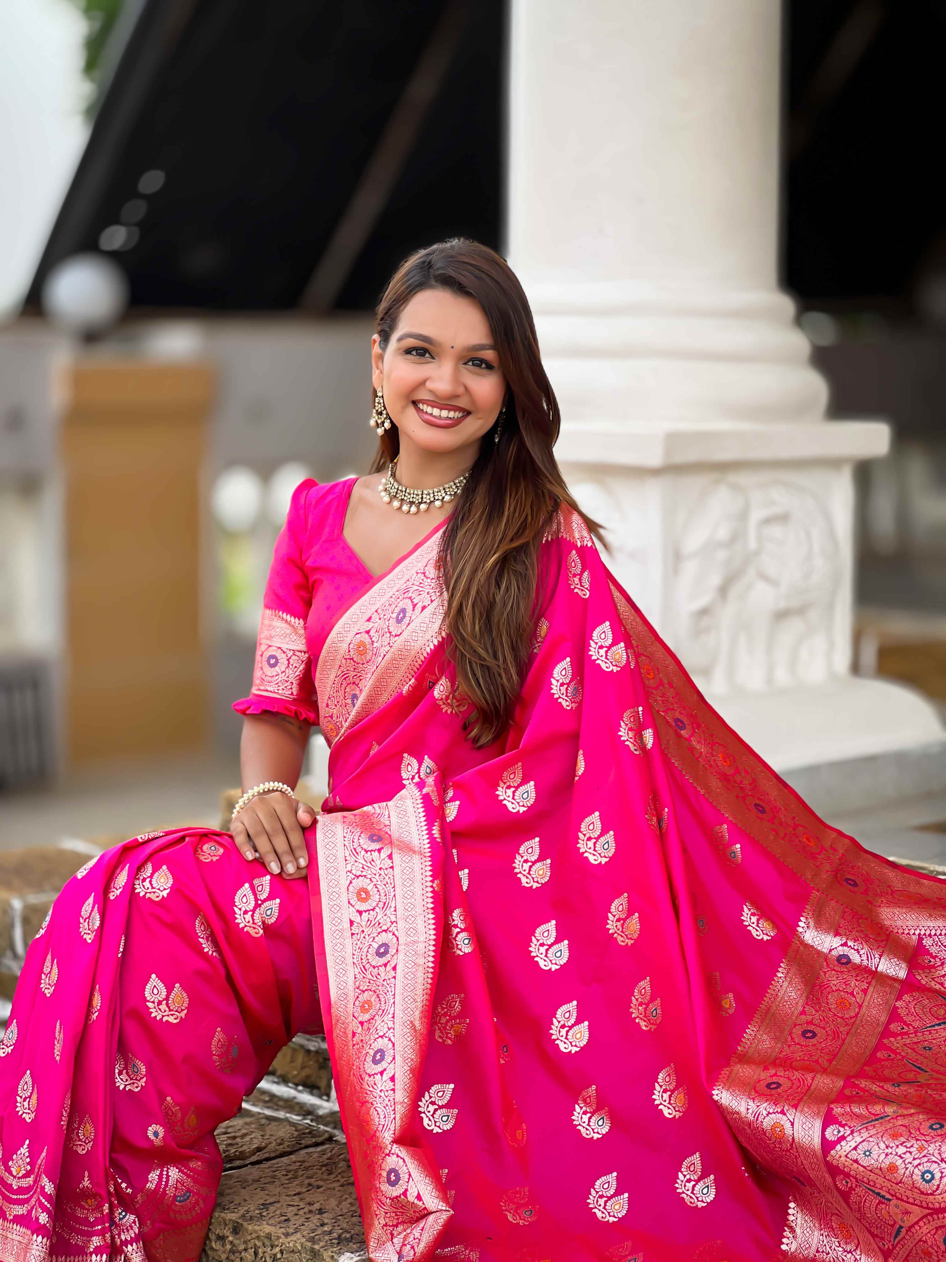 Pink Soft Banarasi Silk Saree with Meenakari Zari Work & Rich Pallu Design