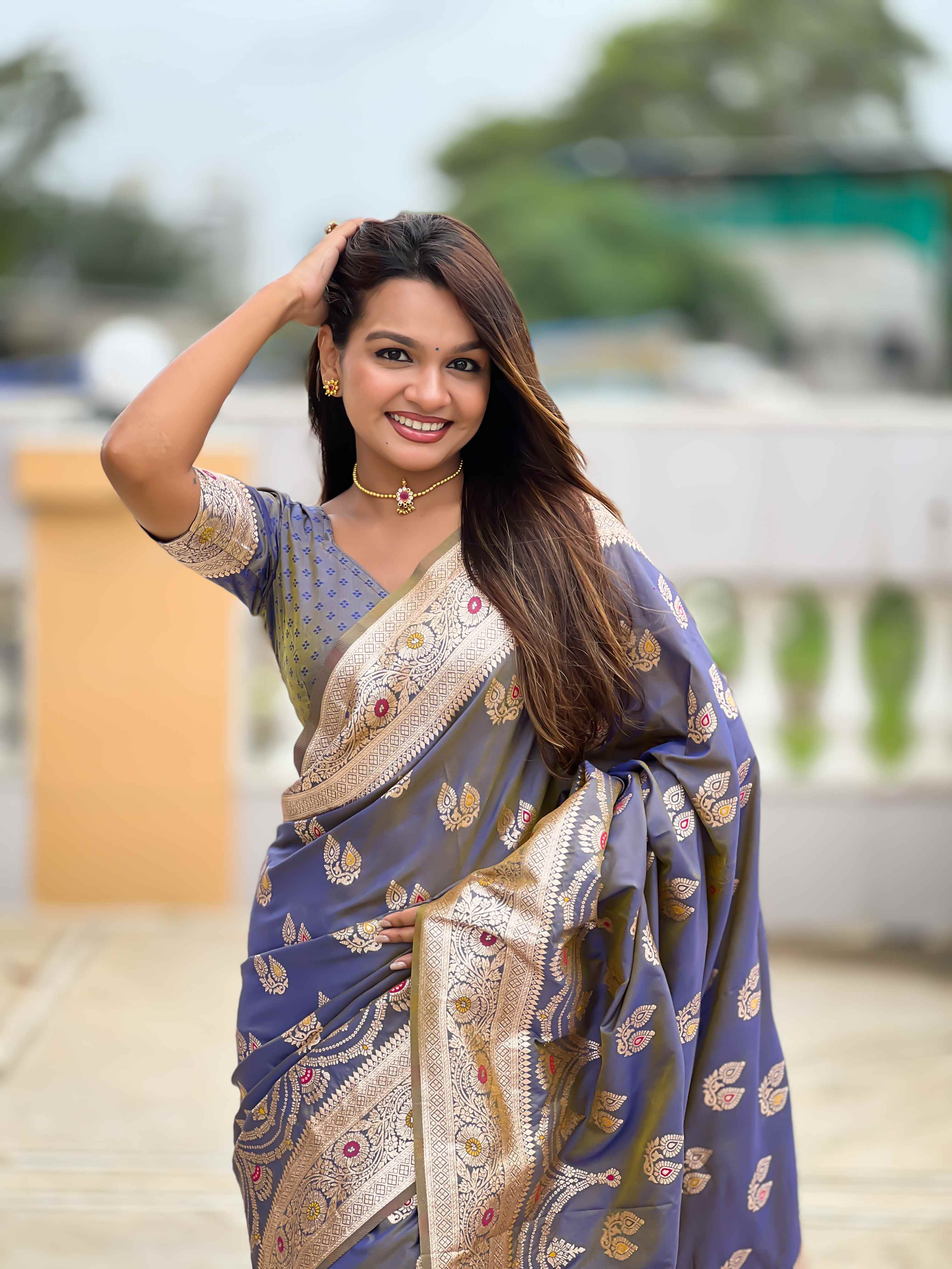 Grey Soft Banarasi Silk Saree with Meenakari Zari Work & Rich Pallu Design