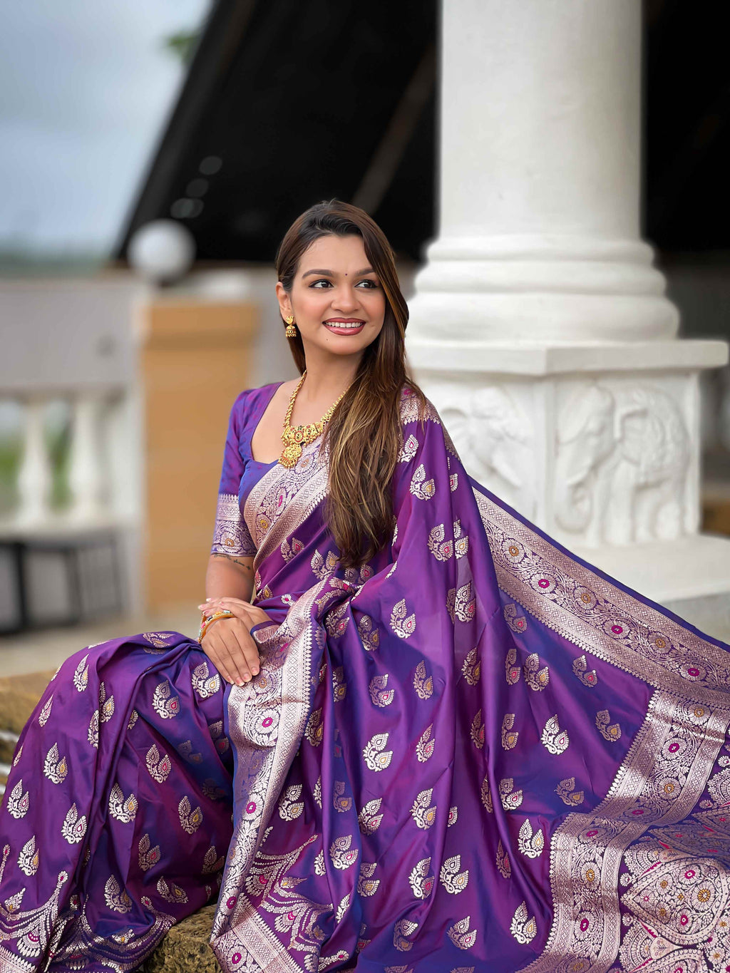 Purple Soft Banarasi Silk Saree with Meenakari Zari Work & Rich Pallu Design