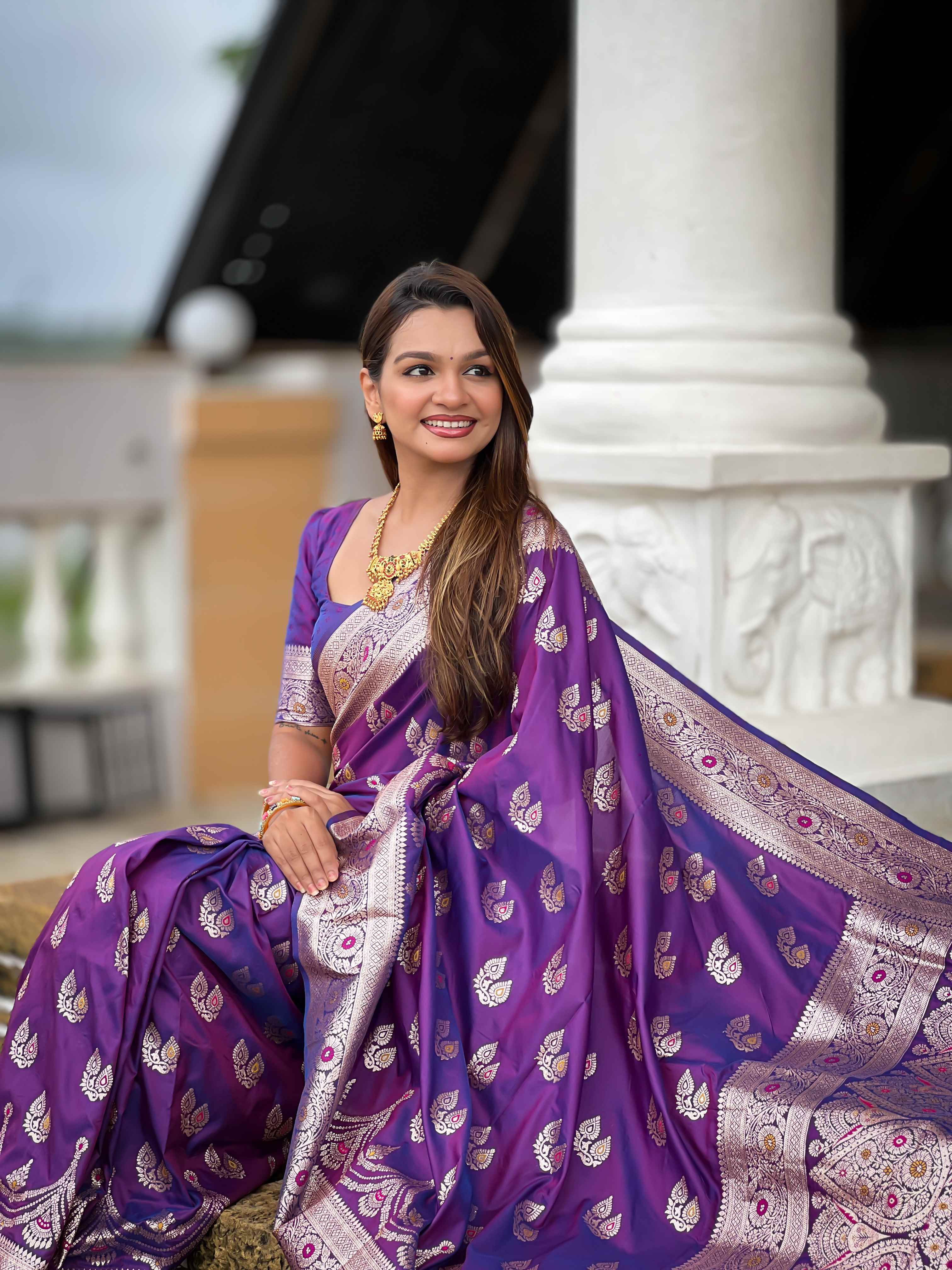 Purple Soft Banarasi Silk Saree with Meenakari Zari Work & Rich Pallu Design