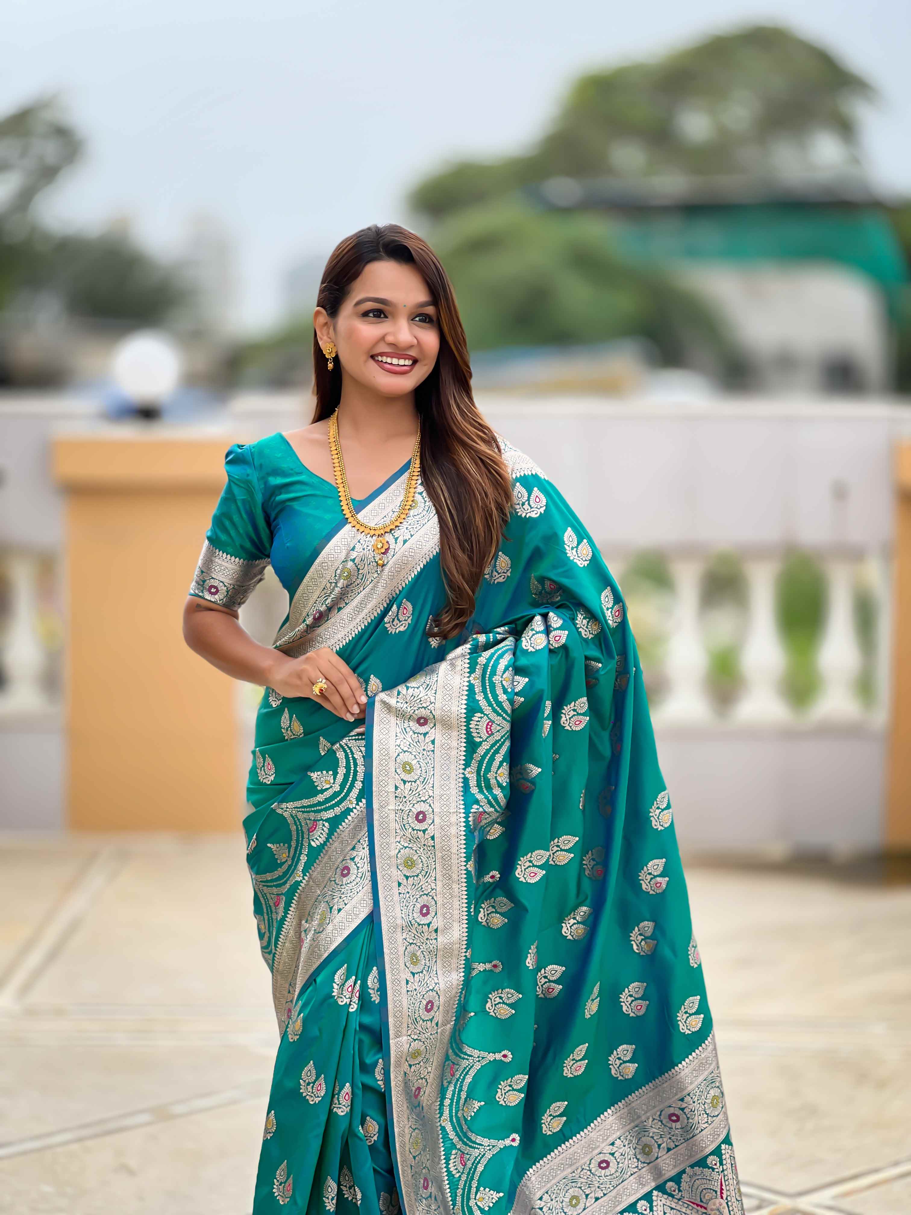 Sky Blue Soft Banarasi Silk Saree with Meenakari Zari Work & Rich Pallu Design