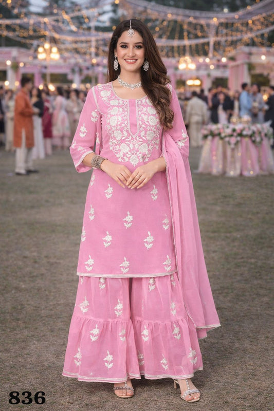 Graceful Ethnic Georgette Baby Pink Embroidered Kurta Sharara Set With Dupatta