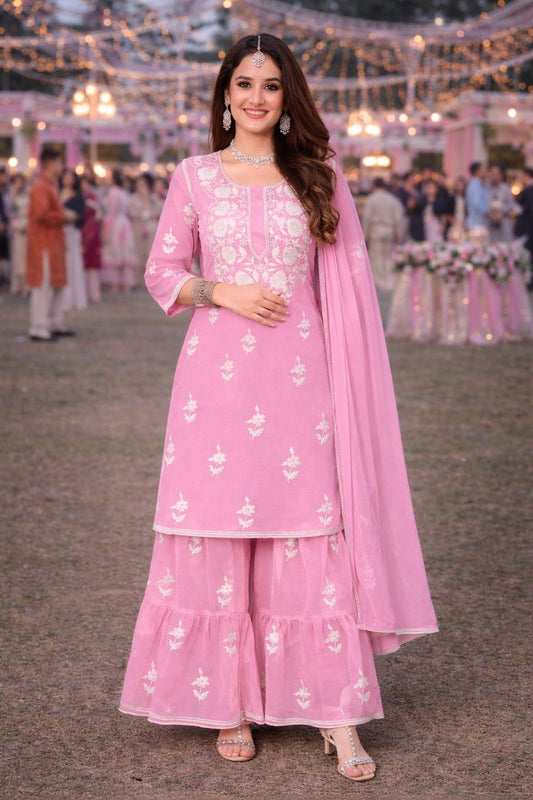 Graceful Ethnic Georgette Baby Pink Embroidered Kurta Sharara Set With Dupatta