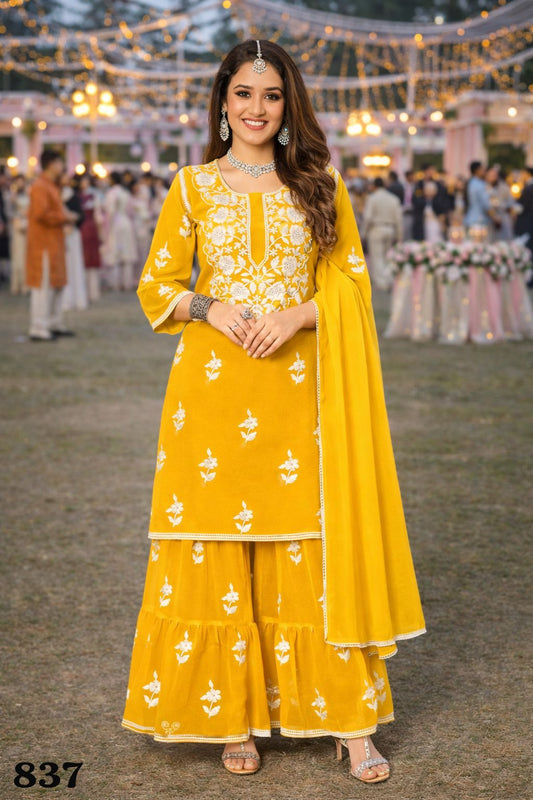 Graceful Ethnic Georgette Yellow Embroidered Kurta Sharara Set With Dupatta