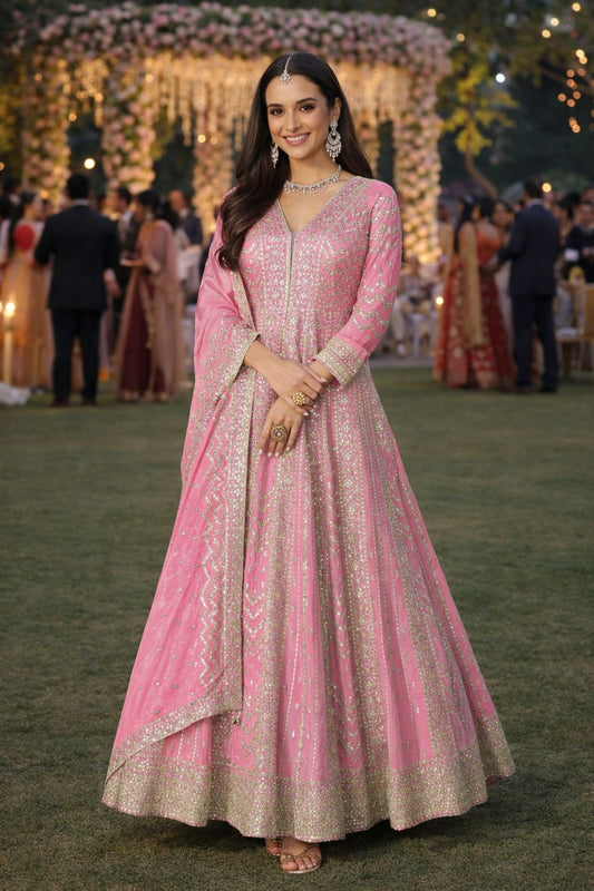 Elegant Pink Chinon Embroidered Anarkali Gown Featuring Intricate Zari Work With Dupatta